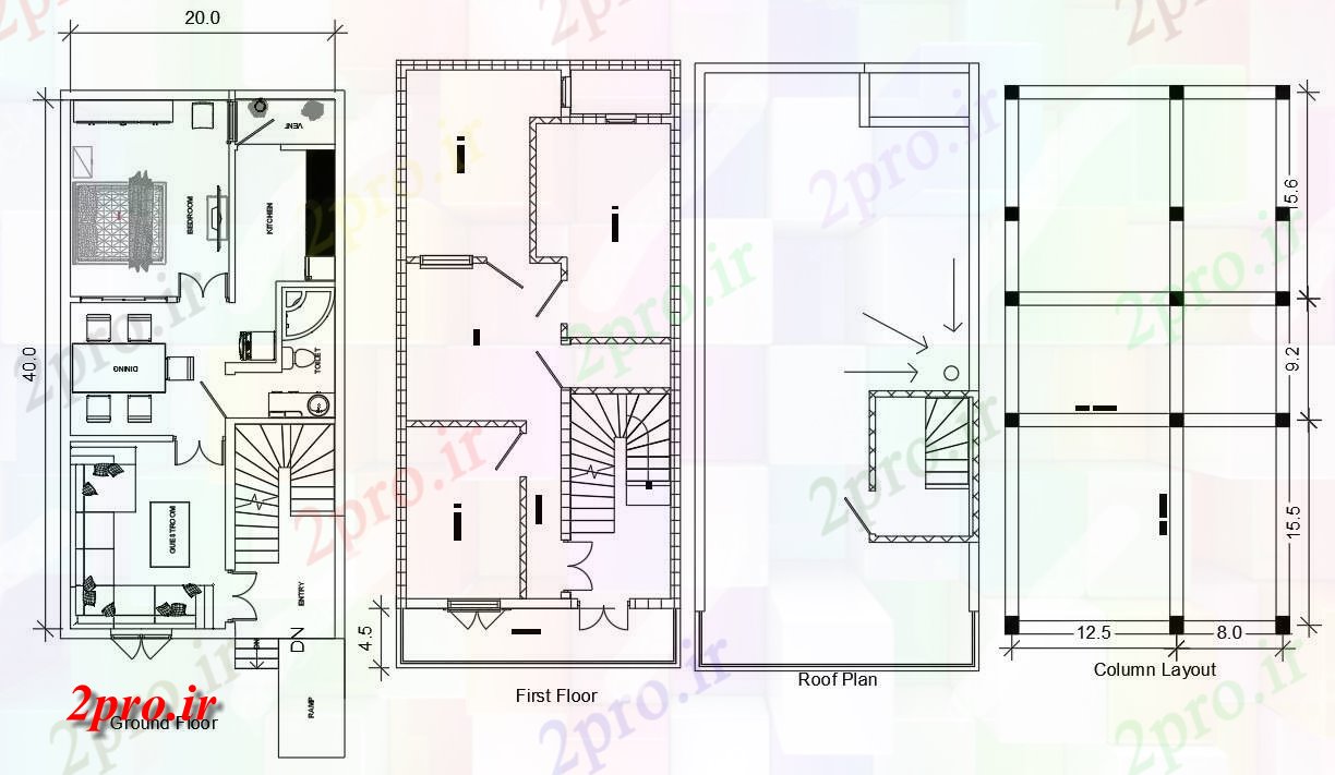 دانلود نقشه مسکونی ، ویلایی ، آپارتمان X40، 4BHK G + 1 طرحی مجلس، طرحی سقف و ستون اتوکد نشیمن 6 در 12 متر (کد161068)