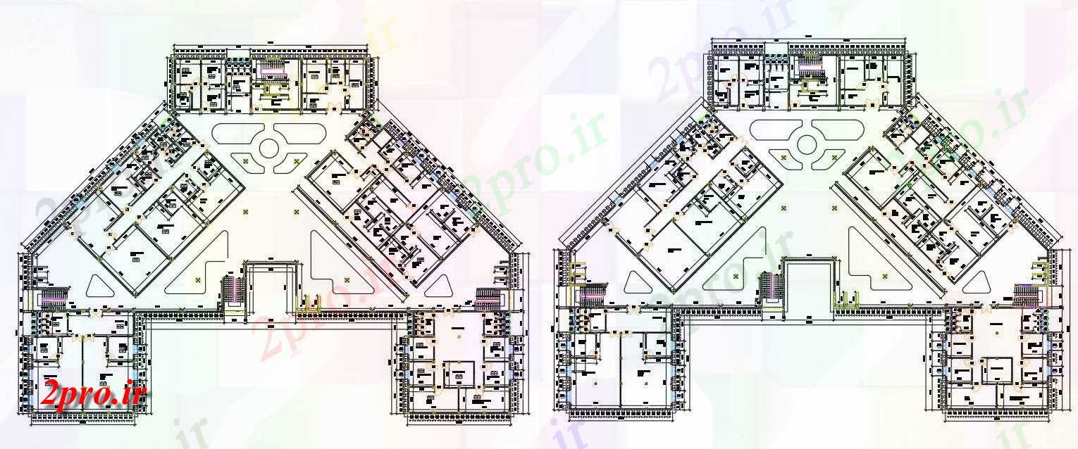 دانلود نقشه بیمارستان - درمانگاه - کلینیک طبقه اول و طرحی طبقه دوم ساختمان بیمارستان دو بعدی طراحی شد اتوکد طراحی 57 در 76 متر (کد161084)