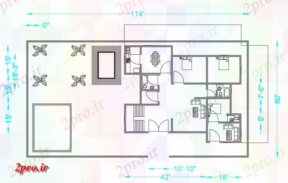 دانلود نقشه مسکونی ، ویلایی ، آپارتمان اتاق خواب Trible طرحی طبقه تنها طبقه خانه 114'X60 اتوکد 7 در 13 متر (کد161101)