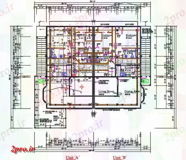 دانلود نقشه مسکونی ، ویلایی ، آپارتمان خانه مشترک 52'X60 'طرحی 2 BHK چیدمان نشیمن 15 در 17 متر (کد161106)