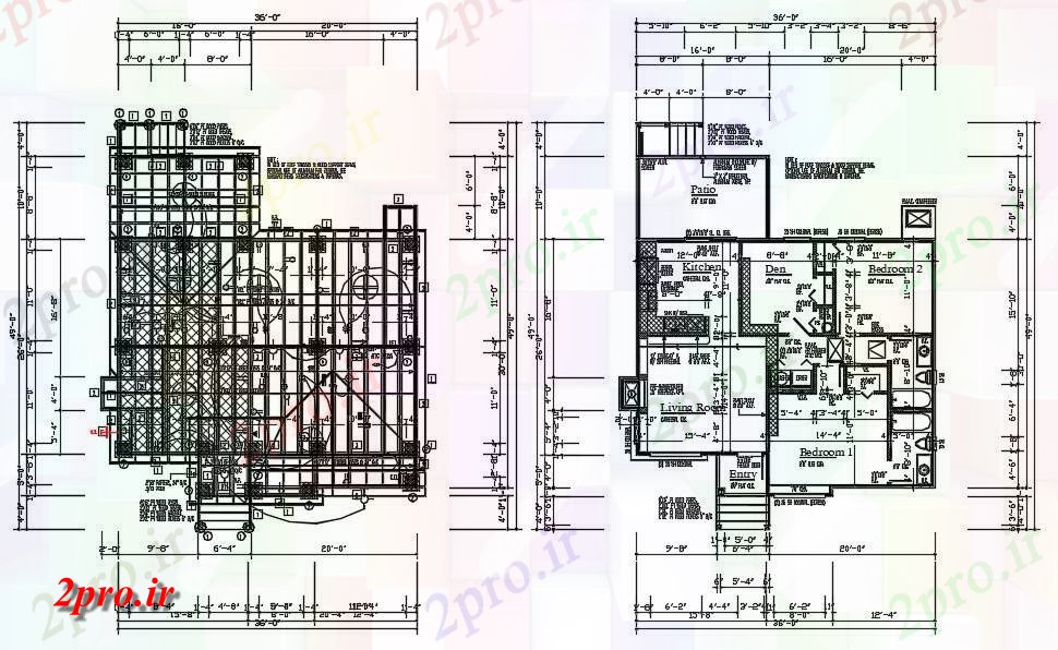 دانلود نقشه مسکونی ، ویلایی ، آپارتمان خانه 2 BHK طرحی 36'X50، 11 در 15 متر (کد161119)