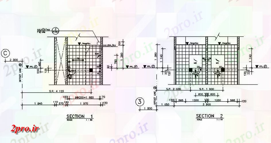 دانلود نقشه پلان مقطعی بخش از سرویس بهداشتی - دستشویی     اتوکد دو بعدی          (کد161146)