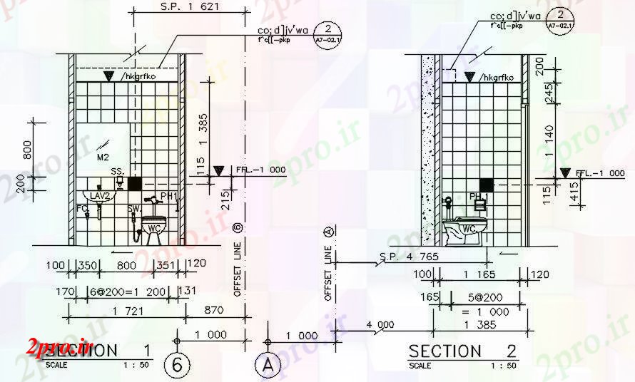 دانلود نقشه پلان مقطعی جزئیات بخش از دیوارهای آب و توالت از ساختمان بیمارستان در   دو بعدی          (کد161147)