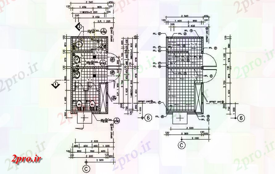 دانلود نقشه بیمارستان - درمانگاه - کلینیک جزئیات شیب توالت از ساختمان بیمارستان در دو بعدی اتوکد طراحی 3 در 5 متر (کد161151)