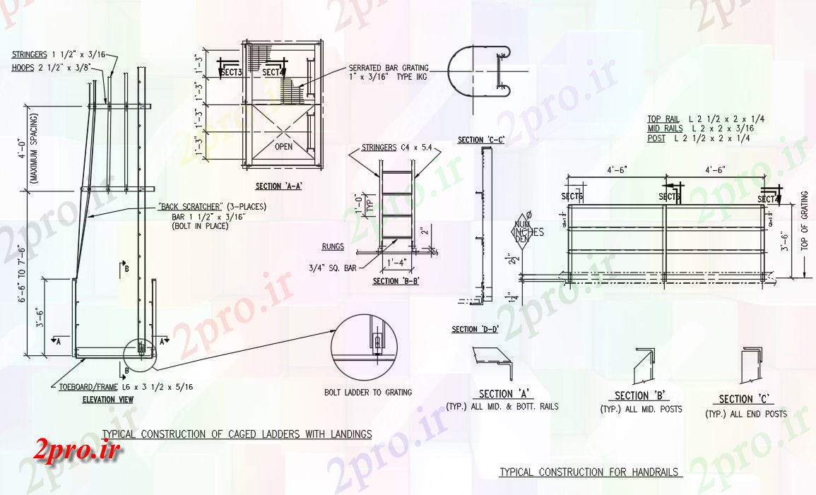 دانلود نقشه پلان مقطعی جزئیات ساخت و ساز به طور معمول از نردبان قفس با فرود و دستگیره های نرده  می شود    (کد161160)