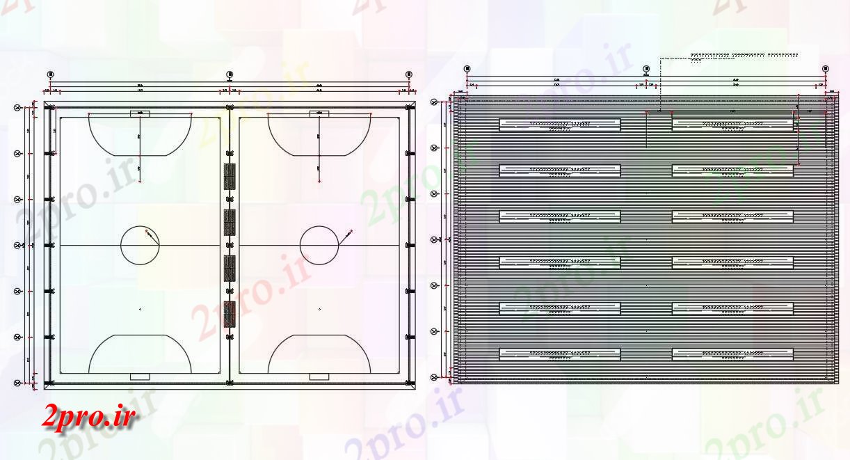 دانلود نقشه ورزشگاه ، سالن ورزش ، باشگاه اتوکد فاده از طرحی طبقه بسکتبال طراحی در دسترس ، دو بعدی 43 در 56 متر (کد161169)