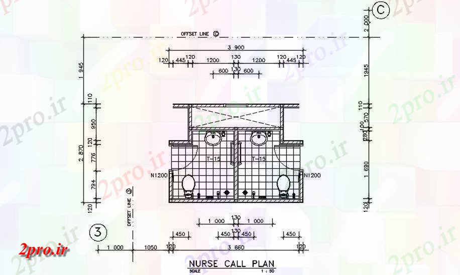 دانلود نقشه تجهیزات بهداشتی نخست، طرحی طبقه توالت سوم و چهارم ساختمان بیمارستان نشان         (کد161174)