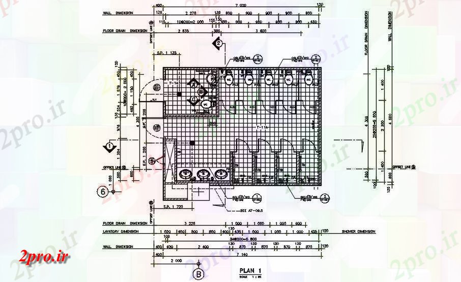 دانلود نقشه ساختمان اداری - تجاری - صنعتی جزئیات توالت از ساختمان های تجاری دو بعدی 5 در 7 متر (کد161270)