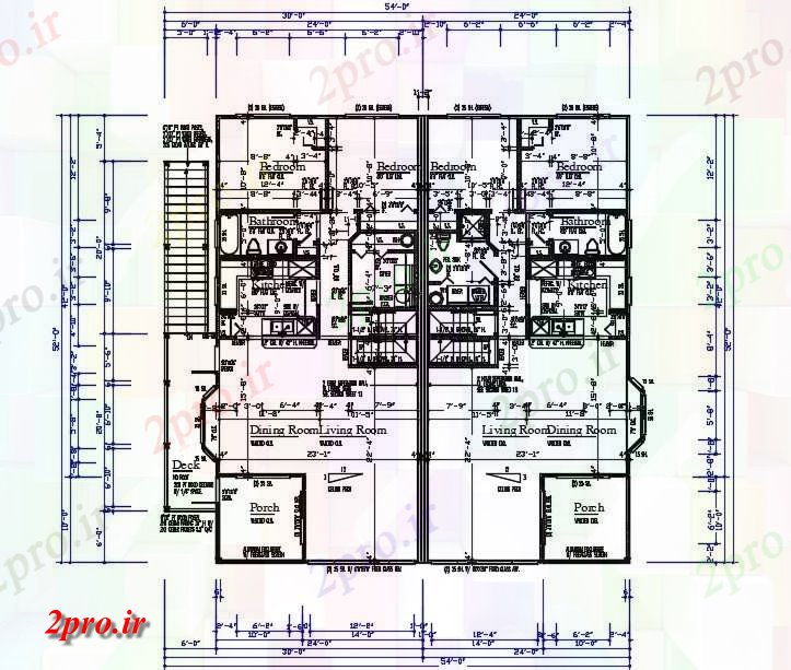 دانلود نقشه مسکونی ، ویلایی ، آپارتمان معماری خانه مشترک طبقه همکف طرحی 54'X52، 15 در 16 متر (کد161277)