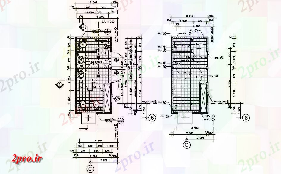 دانلود نقشه ساختمان اداری - تجاری - صنعتی طرحی از جزئیات توالت و جزئیات کف طراحی 3 در 6 متر (کد161283)