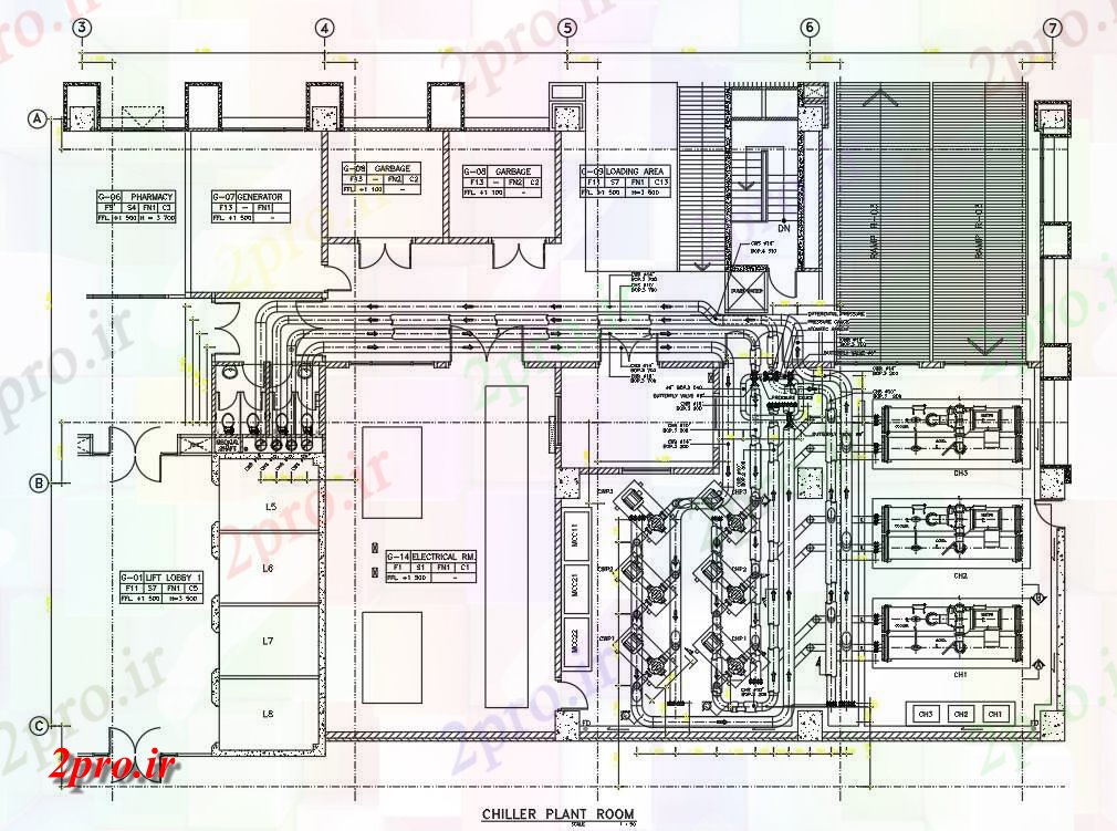 دانلود نقشه جزئیات لوله کشی جزئیات گیاهی چیلر از ساختمان بیمارستان در   دو بعدی          (کد161297)