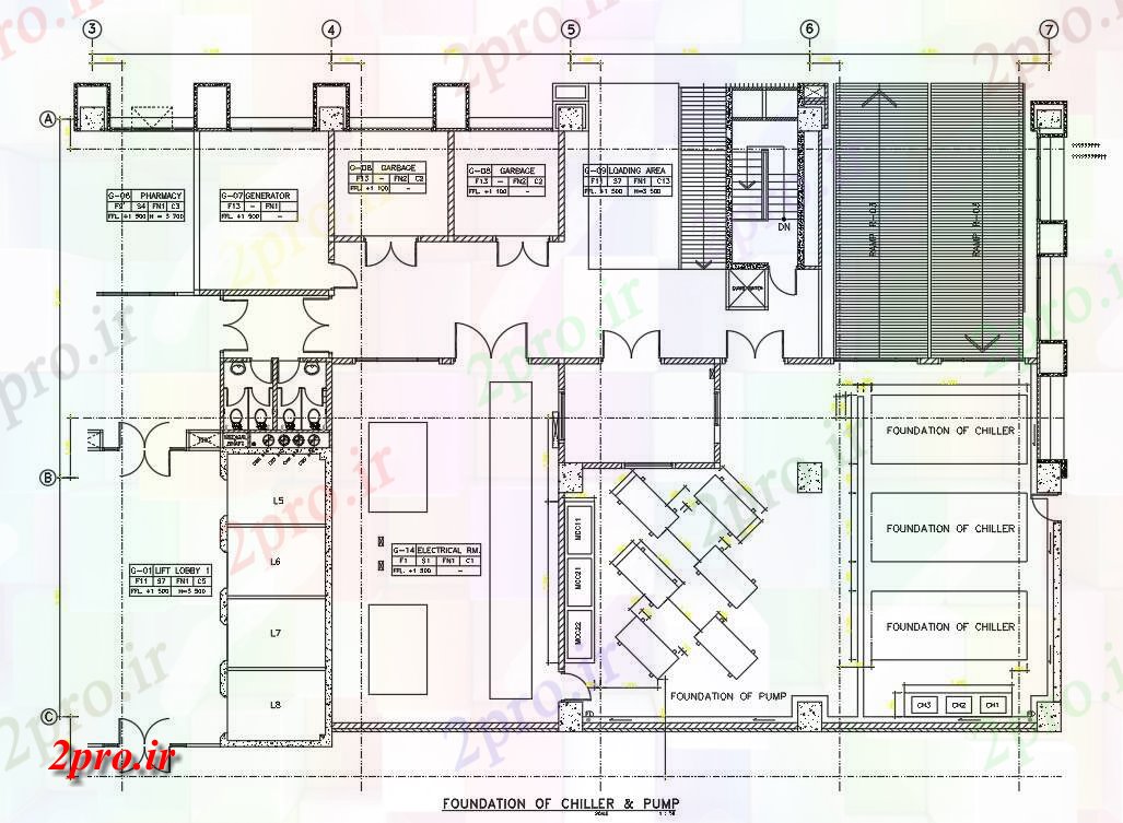 دانلود نقشه طراحی اتوکد پایه جزئیات بنیاد اتاق از گیاهان و نباتات چیلر و پمپ از ساختمان بیمارستان         (کد161303)