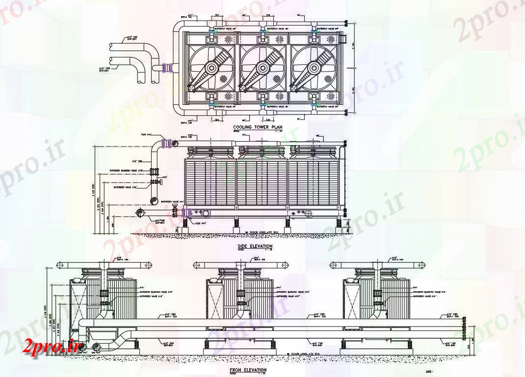 دانلود نقشه جزئیات لوله کشی خنک کننده کارخانه برج از طرح، نما جلو و به طرف   رسم  نشان       دو بعدی   (کد161306)