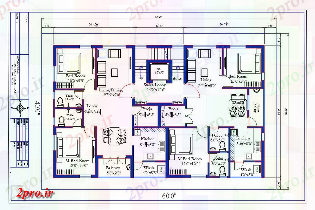دانلود نقشه مسکونی  ، ویلایی ، آپارتمان  X40 'خانه 2 BHK طراحی  (کد161334)