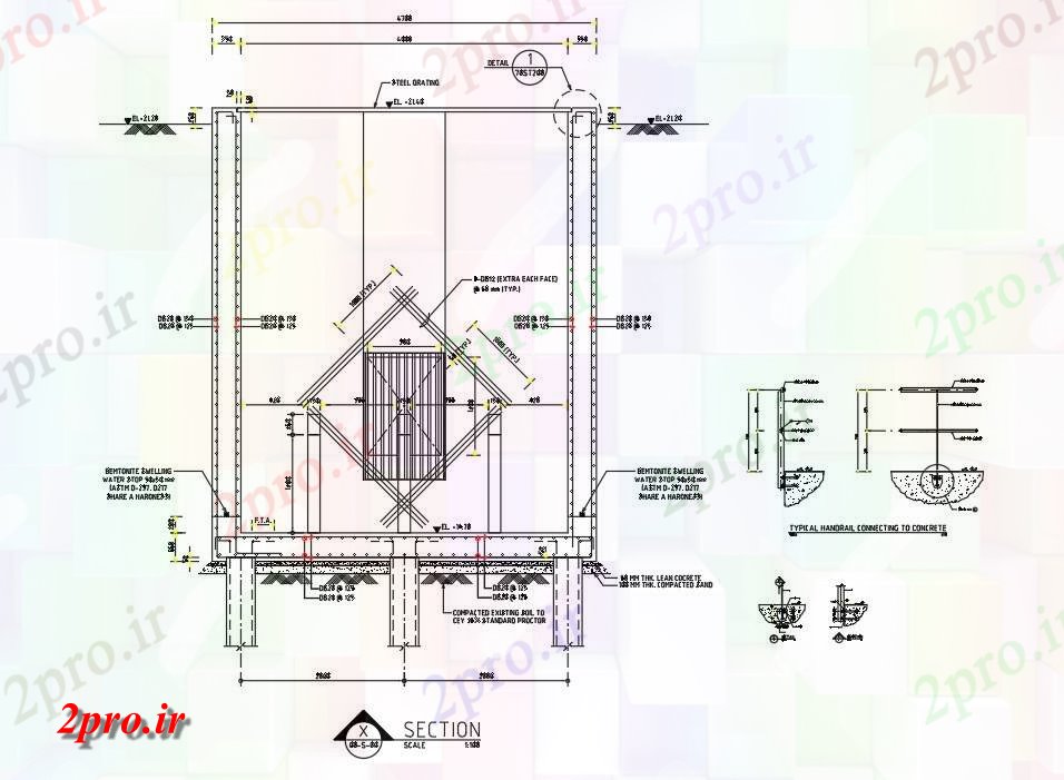 دانلود نقشه جزئیات ساخت و ساز اتوکد  نشان طرحی مقطعی نوعی از نرده اتصال به بتن   دو بعدی  (کد161347)