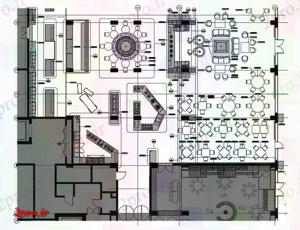 دانلود نقشه هتل - رستوران - اقامتگاه مبلمان و نازک کاری جزئیات طرحی هتل ساختمان اتوکد دو بعدی 25 در 32 متر (کد161350)