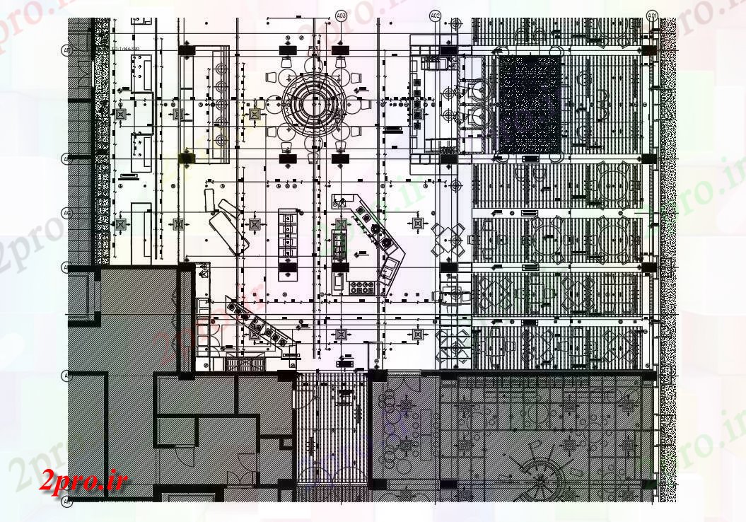 دانلود نقشه هتل - رستوران - اقامتگاه اتوکد دو بعدی رسم نشان می دهد جزئیات سقف منعکس از طرحی هتل و رفت و آمد مکرر دو بعدی 26 در 31 متر (کد161351)