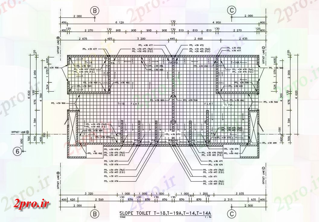 دانلود نقشه ساختمان اداری - تجاری - صنعتی جزئیات کفپوش طراحی از توالت 5 در 12 متر (کد161376)