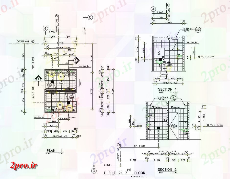 دانلود نقشه ساختمان اداری - تجاری - صنعتی جزئیات طراحی توالت دو بعدی 3 در 4 متر (کد161380)