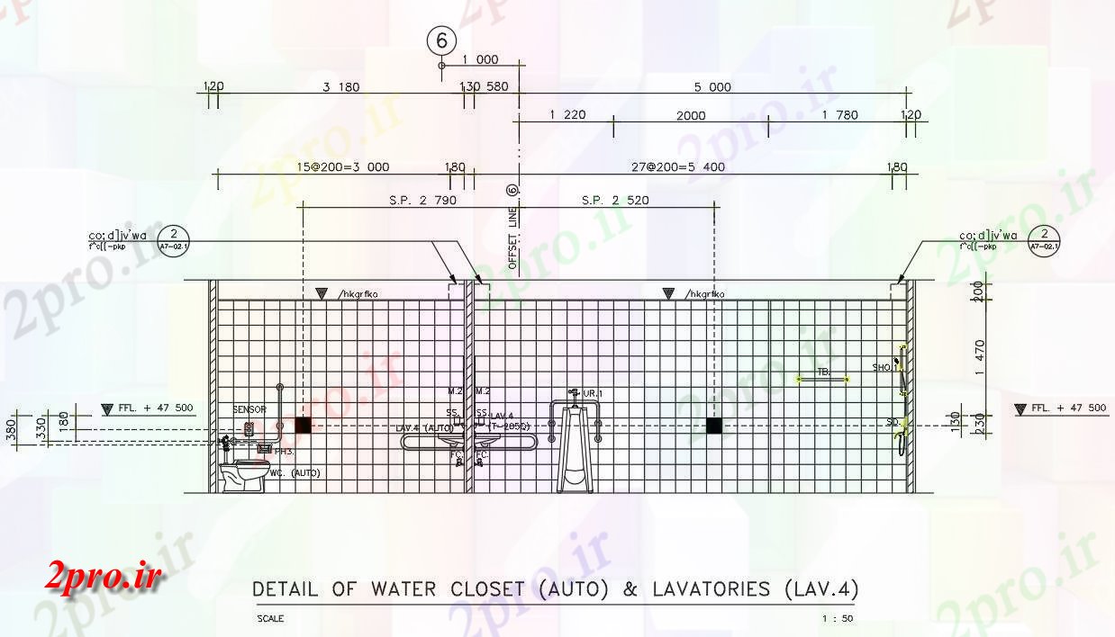 دانلود نقشه تجهیزات بهداشتی جزئیات دیوارهای آب (خودکار) و توالت در           (کد161390)
