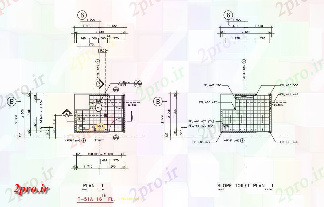 دانلود نقشه ساختمان اداری - تجاری - صنعتی جزئیات توالت و جزئیات شیب ساختمان مسکونی دو بعدی 2 در 3 متر (کد161447)