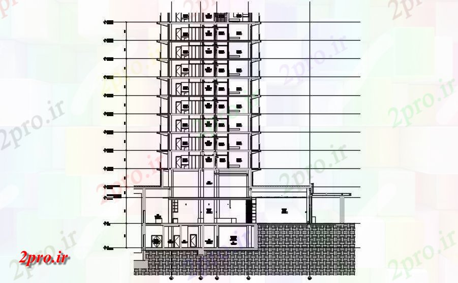 دانلود نقشه پلان مقطعی تفصیلی طرحی بخش نمونه از G + 12 ساختمان هتل           (کد161507)