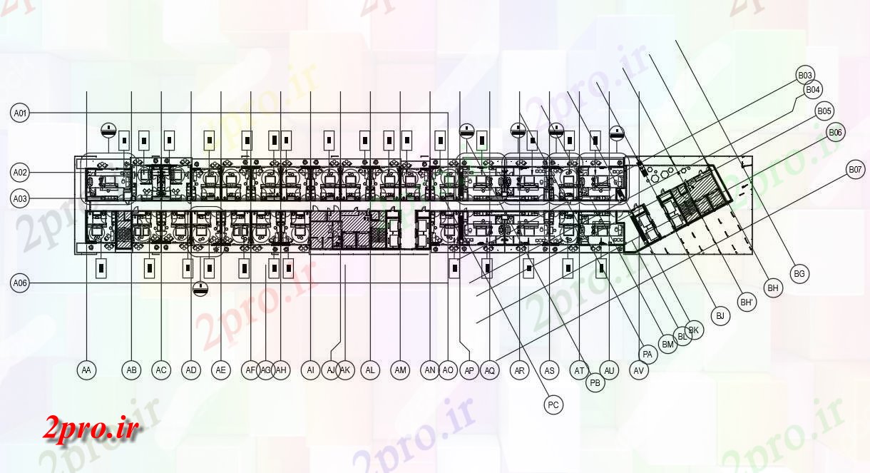 دانلود نقشه هتل - رستوران - اقامتگاه اتوکد نشان طرحی طبقه مقطعی از یک هتل 5 در 25 متر (کد161546)