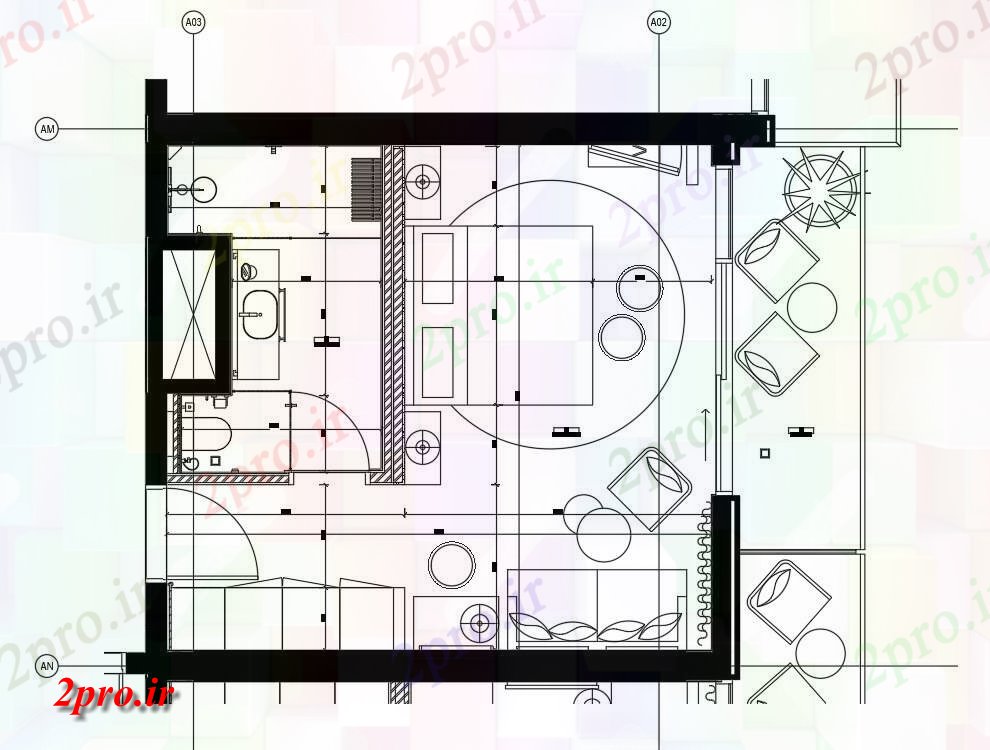 دانلود نقشه جزئیات ساخت و ساز اتوکد نشان طرحی واحد از یک اتاق عمومی از یک هتل    (کد161550)