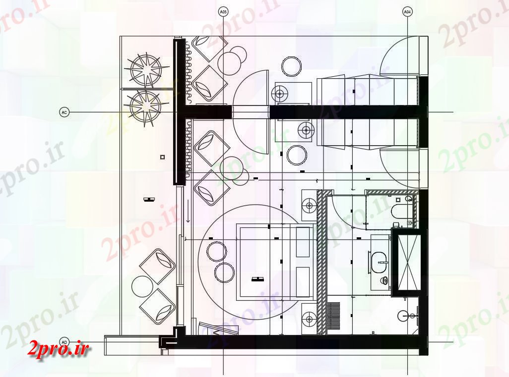 دانلود نقشه هتل - رستوران - اقامتگاه  اتوکد نشان طرحی واحد از یک اتاق مهمان اندارد با C در درب    (کد161581)