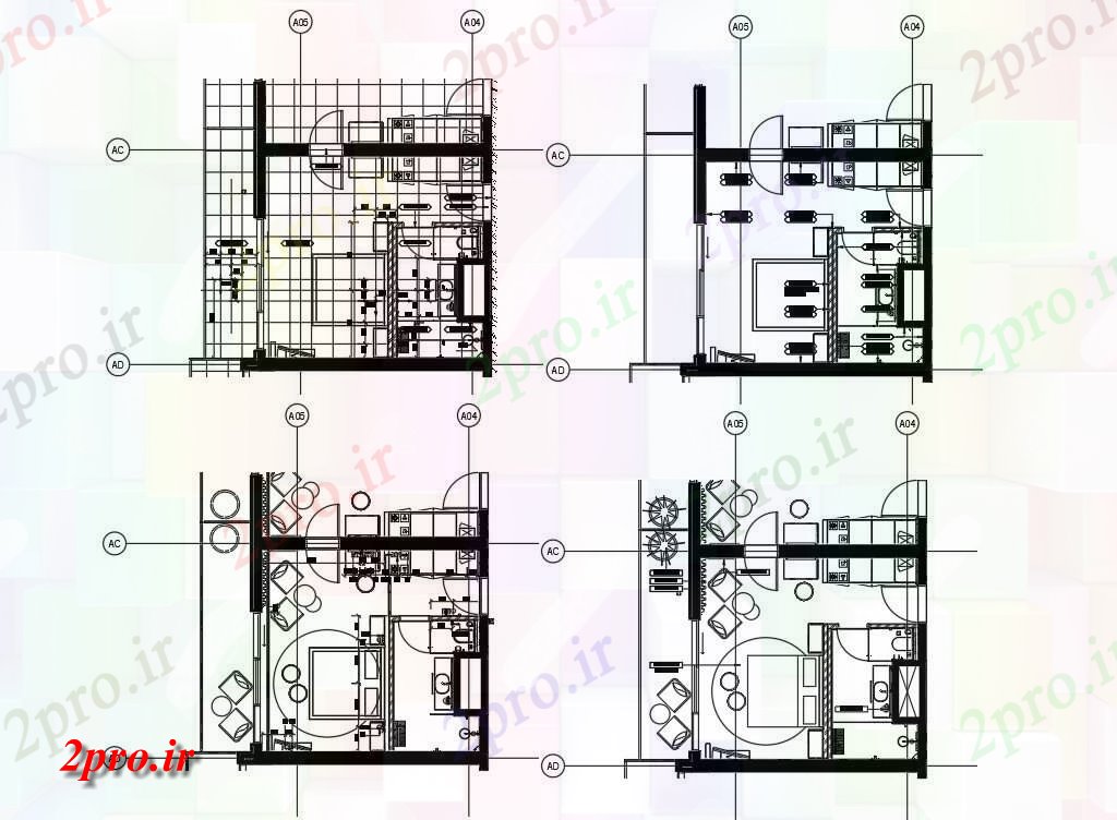 دانلود نقشه هتل - رستوران - اقامتگاه اتوکد نشان طرحی تفصیلی یک اتاق مجموعه اندارد از یک هتل ستاره 3 در 3 متر (کد161584)
