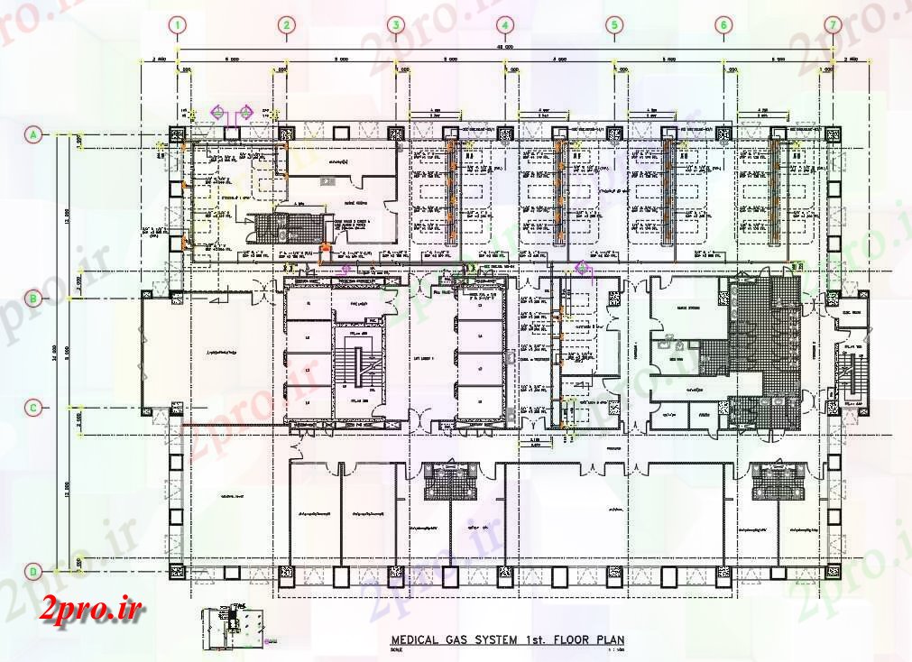 دانلود نقشه بیمارستان - درمانگاه - کلینیک طبقه اول سیستم گاز پزشکی ساختمان بیمارستان به اتوکد رسم 32 در 48 متر (کد161614)