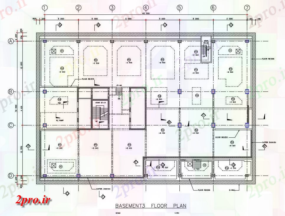 دانلود نقشه بیمارستان - درمانگاه - کلینیک طرحی دال کف زیرزمین تا اتوکد رسم 32 در 48 متر (کد161637)