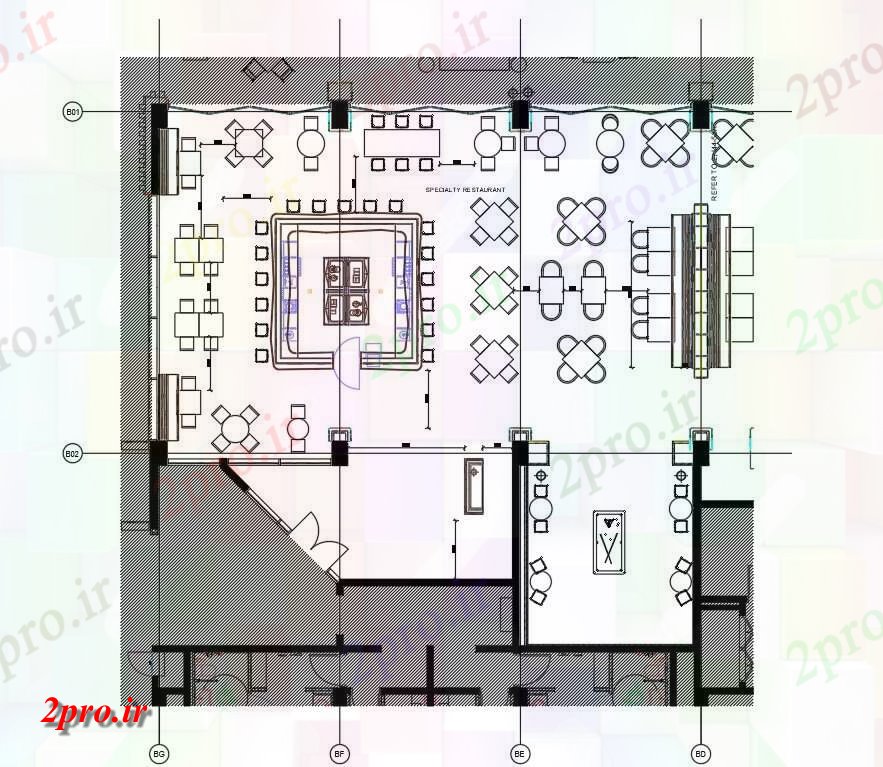 دانلود نقشه هتل - رستوران - اقامتگاه ارائه طرحی رستوران اتوکد 8 در 10 متر (کد161709)