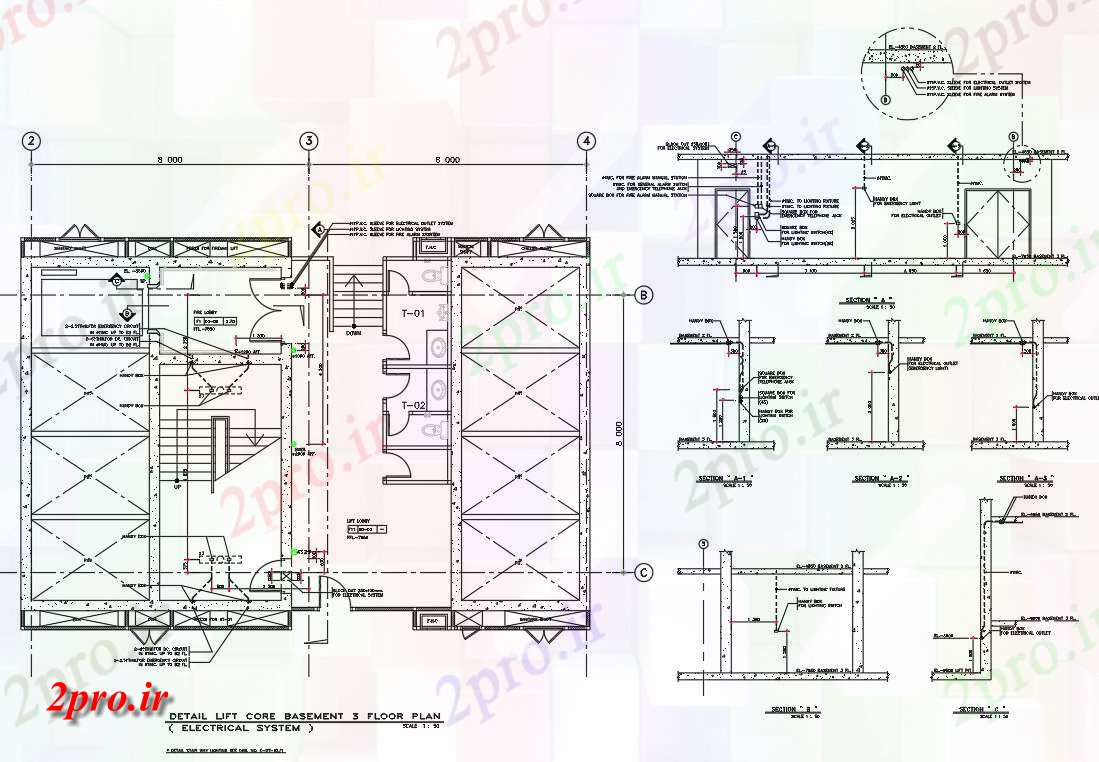 دانلود نقشه ساختمان اداری - تجاری - صنعتی جزئیات طرحی طبقه زیرزمین 23 در 32 متر (کد161759)