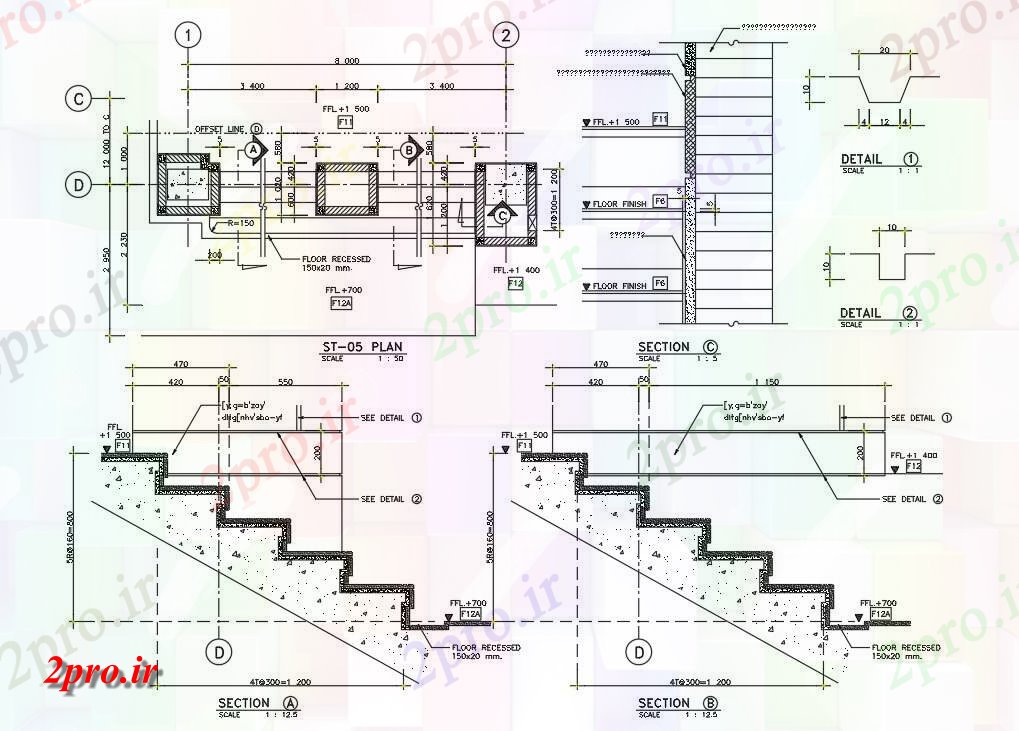 دانلود نقشه جزئیات پله و راه پله   پله ساختمانی بخش نشیمن  (کد161790)