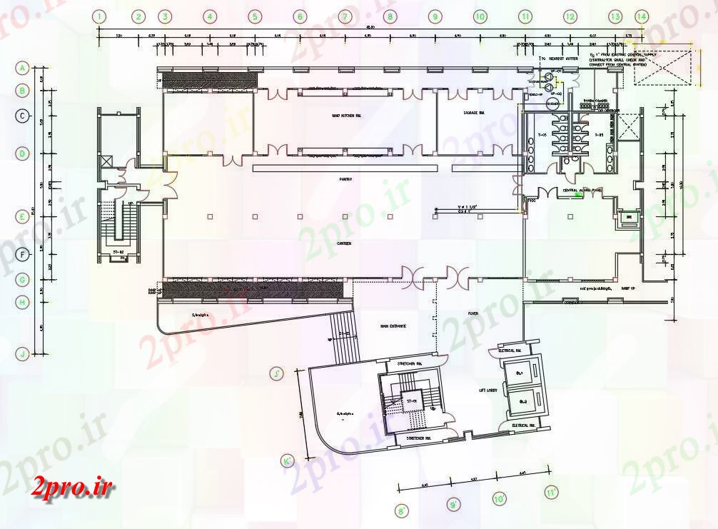 دانلود نقشه بیمارستان - درمانگاه - کلینیک بیمارستان طراحی طبقه با مرکز خط 25 در 48 متر (کد161896)