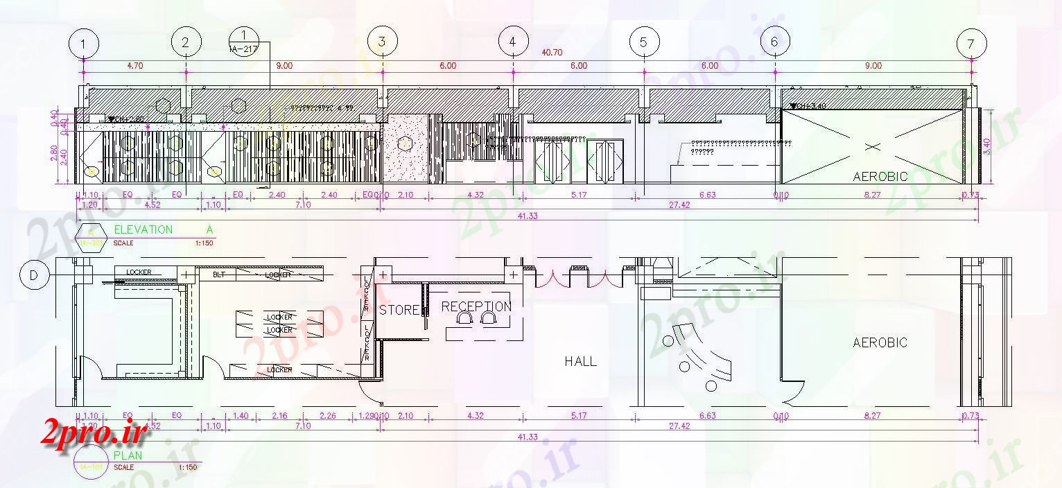 دانلود نقشه پلان مقطعی طرحی طبقه و نما از کلاس ایروبیک ساختمان یک طبقه        (کد162067)