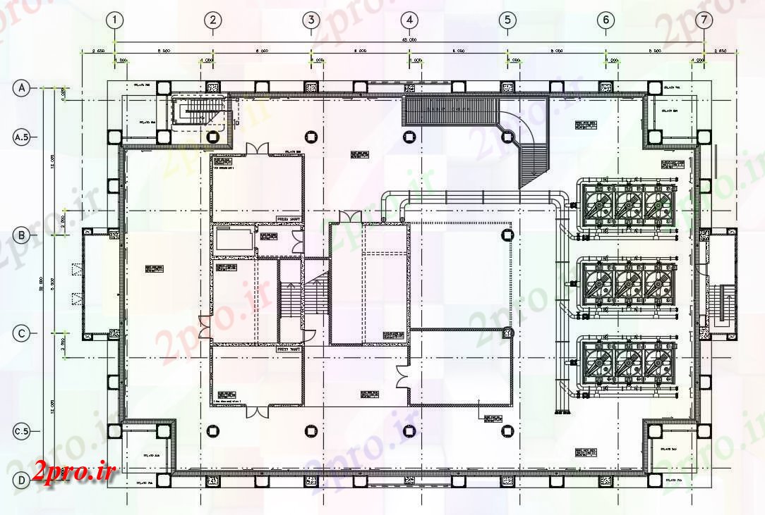 دانلود نقشه ساختمان اداری - تجاری - صنعتی شرکت ساختمانی طرحی طبقه با مرکز خط 32 در 48 متر (کد162137)