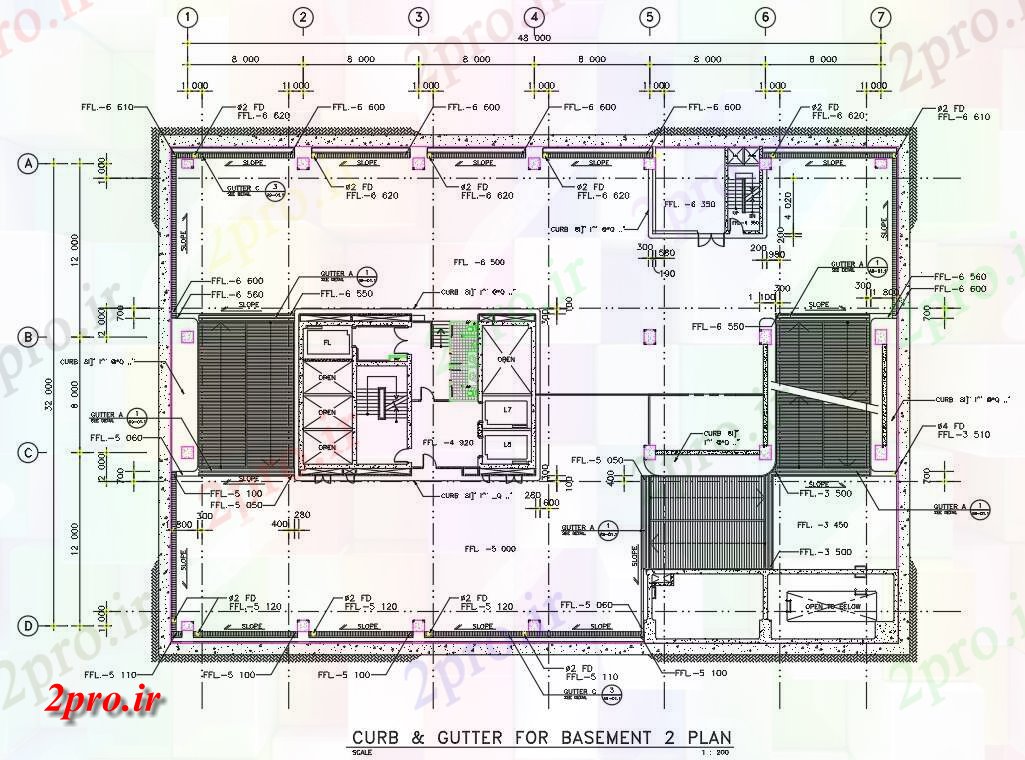 دانلود نقشه ساختمان اداری - تجاری - صنعتی محدود کردن و قطره قطره شدن برای زیرزمین 32 در 48 متر (کد162148)