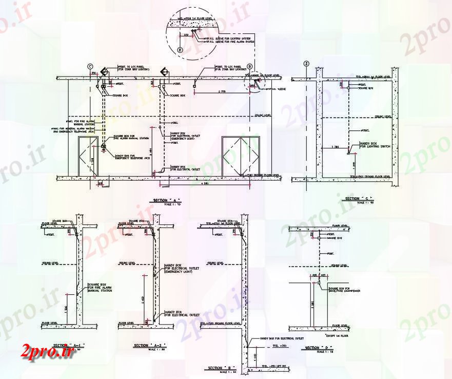 دانلود نقشه برق کشی ، اتصالات دیوار عایق برق اضطراری سیم کشی بخش نشیمن  (کد162152)