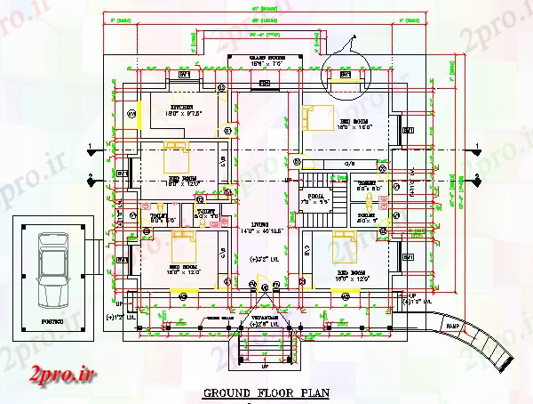 دانلود نقشه مسکونی ، ویلایی ، آپارتمان طرحی 4BHK خانه طبقه اتوکد نشیمن 20 در 20 متر (کد162211)