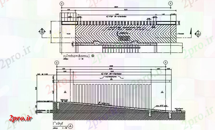 دانلود نقشه پلان مقطعی بالا و با دید جانبی از بخش رمپ را با اطلاعات کفپوش بتن   دو بعدی        دو بعدی   (کد162376)