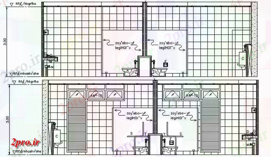 دانلود نقشه پلان مقطعی بخش توالت تجاری و نما جزئیات   اتوکد      دو بعدی   (کد162388)