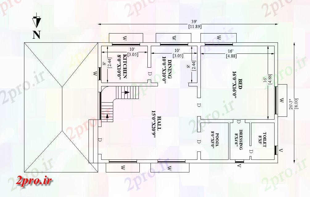 دانلود نقشه مسکونی ، ویلایی ، آپارتمان X26، شمالی طرحی خانه BHK تنها به عنوان در هر Vastu را Shastra اتوکد و PDF 8 در 11 متر (کد162508)