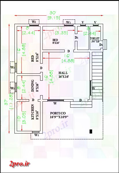 دانلود نقشه مسکونی ، ویلایی ، آپارتمان X37 شرق مواجه طرحی خانه دو BHK به عنوان در هر Vastu Shastra هستند اتوکد و PDF 9 در 11 متر (کد162513)