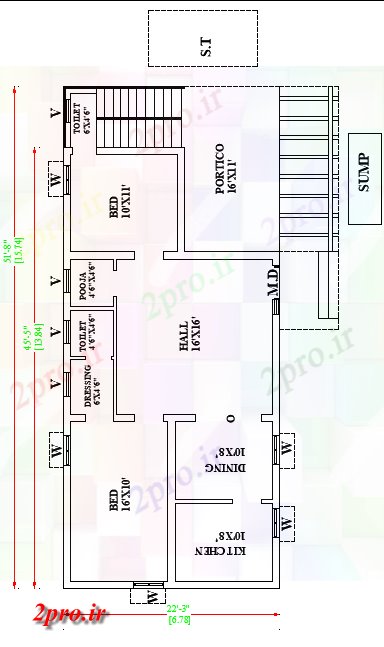 دانلود نقشه مسکونی ، ویلایی ، آپارتمان 8 X 22 شرق مواجه طرحی خانه 2bhk به عنوان در هر Vastu Shastra هستند اتوکد و PDF 8 در 15 متر (کد162514)