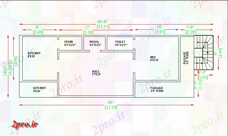 دانلود نقشه مسکونی ، ویلایی ، آپارتمان 6 X14 طرحی خانه یک BHK شمال رو به عنوان در هر Vastu را Shastra اتوکد و PDF 4 در 13 متر (کد162515)