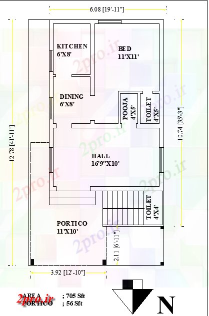 دانلود نقشه مسکونی ، ویلایی ، آپارتمان X42، شمالی طرحی خانه یکی BHK به عنوان در هر Vastu Shastra هستند اتوکد و PDF 6 در 12 متر (کد162526)