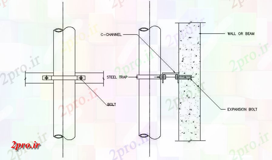 دانلود نقشه پلان مقطعی اتصال پیچ و مهره های فولادی دام در پرتو  که         دو بعدی   (کد162706)