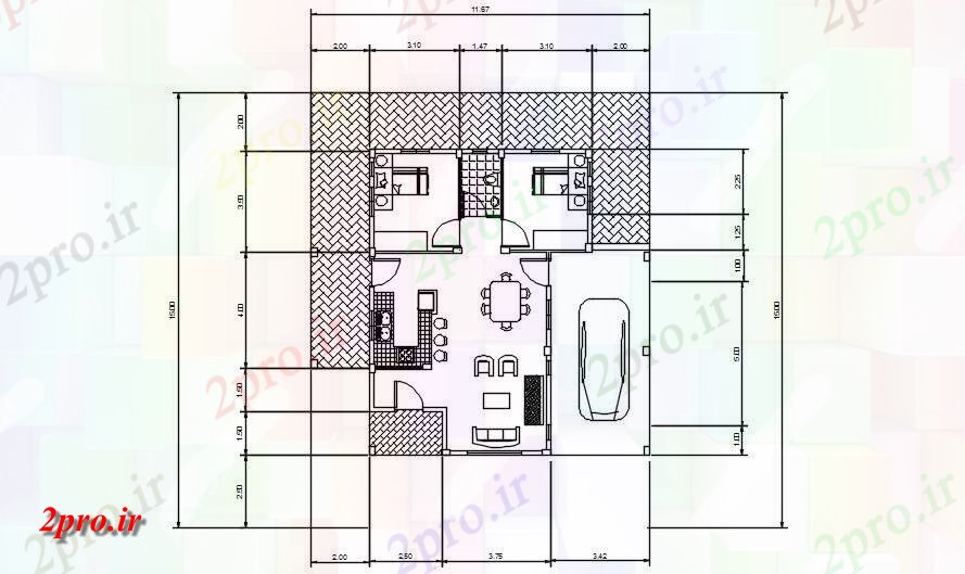 دانلود نقشه خانه های کوچک ، نگهبانی ، سازمانی - طرحی طبقه جزئیات ارائه طراحی خودرو- دو بعدی 12 در 15 متر (کد162722)